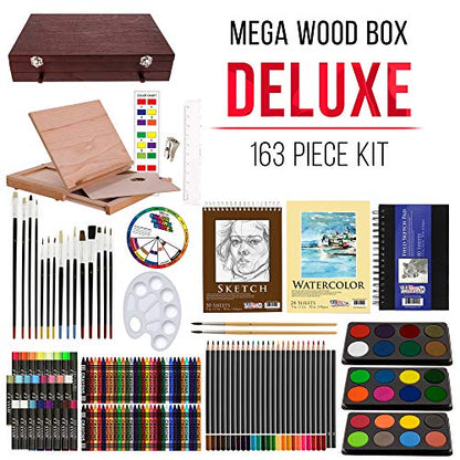 U.S. Art Supply 163-Piece Mega Deluxe Art Painting, Drawing Set in Wood Box, Desk Easel - Artist Painting Pad, 2 Sketch Pads, 24 Watercolor Paint