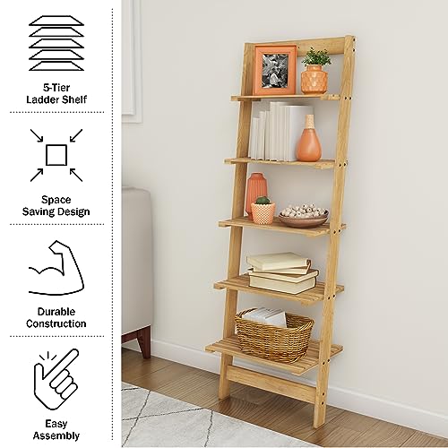 5-Tier Ladder Shelf - Wooden Narrow Leaning Bookshelf for Bedroom, Living Room, Bathroom, Kitchen, or Office Shelving - Furniture by Lavish Home Lavish Home