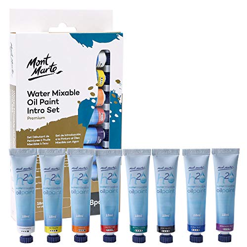 Mont Marte Oil Paint Set Water Mixable 8x18ml, Titanium White,Mid Yellow,Orange,Cadmium Red,Phthalo Green,Cobalt Blue,Ultramarine Violet,Ivory Black - WoodArtSupply