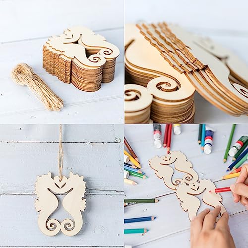 Unfinished Seahorse Shapes Wood/Heart-Shaped Wood DIY Craft Cutout Hanging Ornaments with Natural Twine for Christmas Wedding Birthday Party Zontween