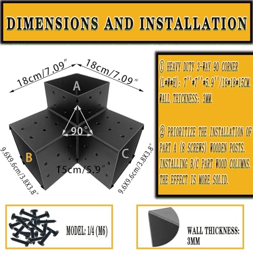 Nihoney Pergola Brackets 4x4, Woodworks Pergola Hardware Kit (4 Pcs), 3-Way Black Right Angle Corner Bracket for Extension Gazebo for 4x4 - WoodArtSupply