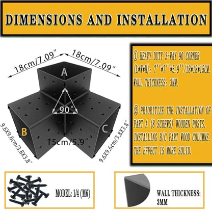 Nihoney Pergola Brackets 4x4, Woodworks Pergola Hardware Kit (4 Pcs), 3-Way Black Right Angle Corner Bracket for Extension Gazebo for 4x4 - WoodArtSupply