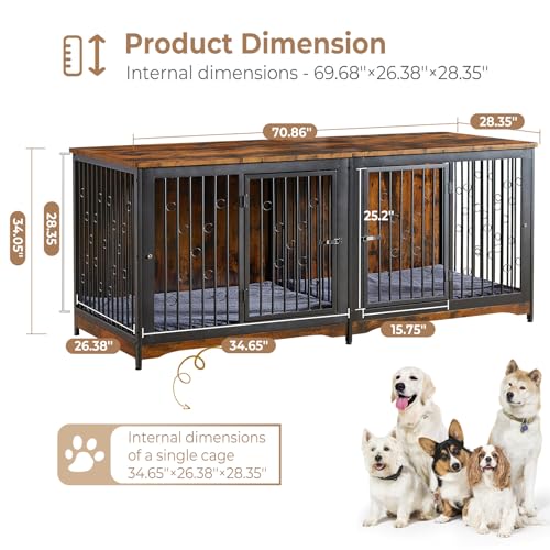 Lyromix 70.86'' Dog Crate Furniture Large Breed TV Stand with Cushion & Double Rooms,Wooden Dog Kennel Dog Crate End Table with Removable Divider for Lyromix