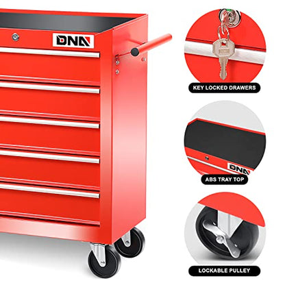 DNA MOTORING TOOLS-00263 5-Drawer Plastic Top Rolling Tool Cabinet with Keyed Locking System,13" D x 24.5" W x 30.5" H,Red - WoodArtSupply