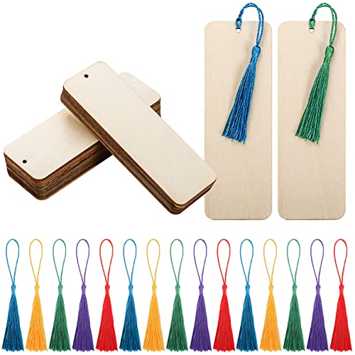 Wood Blank Bookmarks DIY Wooden Craft Bookmark Unfinished Wood Hanging Tags Rectangle Shape Blank Bookmark Ornaments with Holes and Tassels for