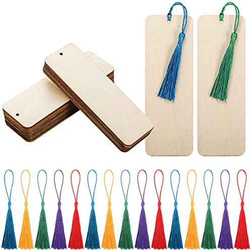 Wood Blank Bookmarks DIY Wooden Craft Bookmark Unfinished Wood Hanging Tags Rectangle Shape Blank Bookmark Ornaments with Holes and Tassels for - WoodArtSupply