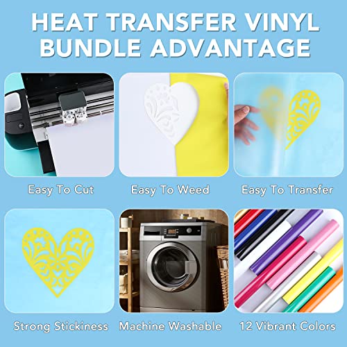 CAREGY HTV Vinyl Bundle Heat Transfer Vinyl(12 Pack) - 12 Inch by 3 Feet HTV Vinyl Rolls, Easy to Cut Iron on Vinyl for Cricut & Cameo, Easy to Weed - WoodArtSupply