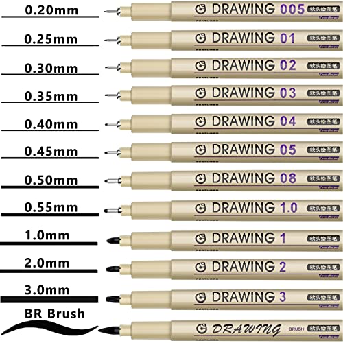  Set Of 10 Black Micro-Pen Fineliner Ink Pens, Anti-Bleed &  Waterproof Archival ink,Brush & Calligraphy Tip Nibs