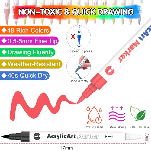 48 Colors Paint Pens Paint Markers, Dual Brush Tip & Dual Colors Acrylic Paint Markers, Non Toxic Acrylic Paint Pens for Rock Painting, Glass,