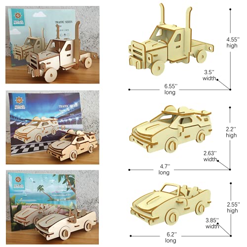 3D Wooden Puzzle - 6 Piece Set Wooden Car Brain Teaser Puzzle - DIY Assembly Car Building Model Kits - Wood STEM Toys Gifts for Kids and Adults Teens i-CHONY