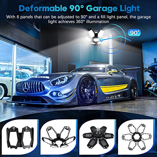 TANBABY 2 Pack LED Garage Lights, 30000LM Deformable Best Garage Light Ceiling LED Shop Lights, 150W E26/E27 LED Light Garage Lighting with 6+1 TANBABY