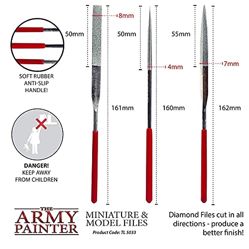 The Army Painter Miniature and Model Files - 3-Piece Diamond Small Metal File Set of Round File, Flat File and Triangular Metal File - Needle File - WoodArtSupply