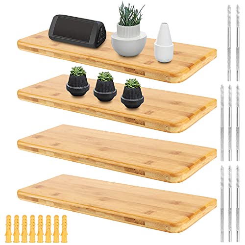 JOIKIT 4 PCS 16 Inch Bamboo Floating Shelves Wall Mounted, Bamboo Wall Shelf, Decorative Floating Shelf for Bedroom, Kitchen, Bathroom, Living Room - WoodArtSupply