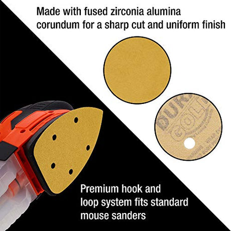 Dura-Gold Premium Mouse Detail Sander Sandpaper Sanding Sheets - 180 Grit (Box of 24) - 5 Hole Pattern Hook & Loop Triangle Mouse Discs - Woodworking Dura-Gold