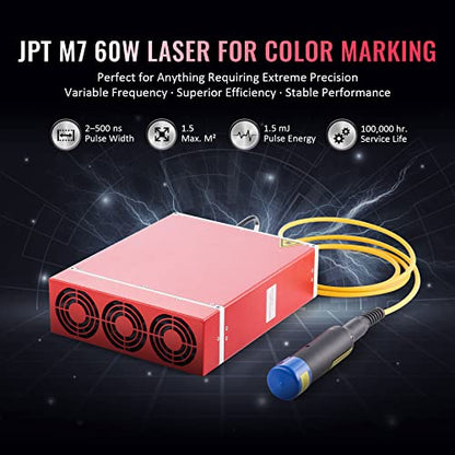 OMTech 60W MOPA Fiber Laser Marking Machine with LightBurn and Rotary Axis, Galvo Laser Engraver with 7"x7" Work Area for Color Marking, JPT Laser