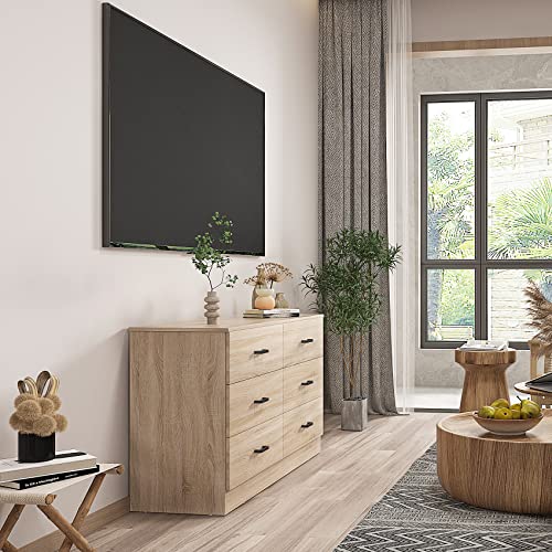 Bigbiglife Wood Dresser for Bedroom, 6 Drawer Double Dresser with Metal Handles, 15.8" D x 47.2" W x 27.7" H, Light Oak Bigbiglife
