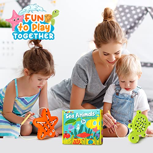 KLT Wooden Lacing Threading Toys for Toddlers Fine Motor Skills, 1 Turtle 1 Starfish Car Airplane Toddler Travel Toys, Wood Puzzle Educational Gifts KLT