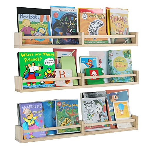 Austin Yan 32-Inch Wall-Mounted Floating Bookshelves for Kids - Set of 3 in Natural Wood Finish - WoodArtSupply