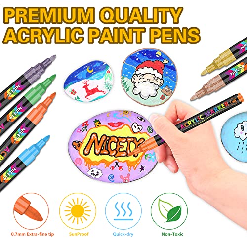 NICETY 72 Colors Acrylic Paint Pens Paint Markers, Extra Fine Tip Point Acrylic Paint Pens for Rock Painting, Canvas, Wood, Ceramic, Glass, Stone, NICETY