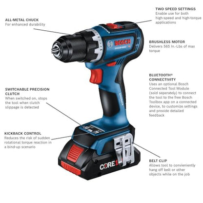 BOSCH GSR18V-800CB24 18V Brushless Connected-Ready 1/2 In. Drill/Driver Kit with (2) CORE18V® 4 Ah Advanced Power Batteries