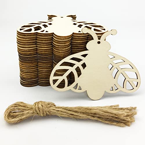 30pcs Bee Wood DIY Crafts Cutouts Blank Wooden Honeybee Shaped Hanging Ornaments with Hole Hemp Ropes Gift Tags for Kid's DIY Projects Spring Summer