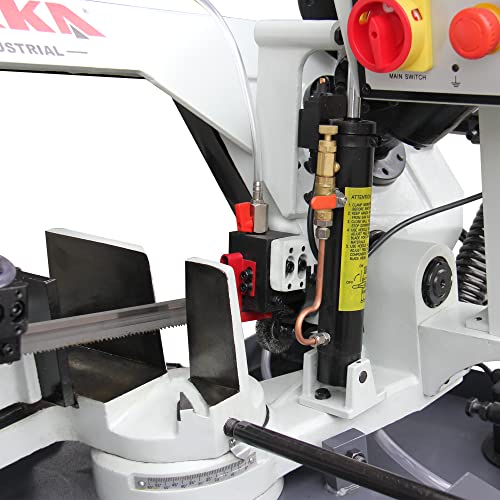 KAKA INDUSTRIAL BS-108G horizontal bandsaw, 10”x7.9" round metal stock at 90°. Swivel head miters up to 60°.Metal Cutting Band Saw Motor power 1.1kw KAKA INDUSTRIAL