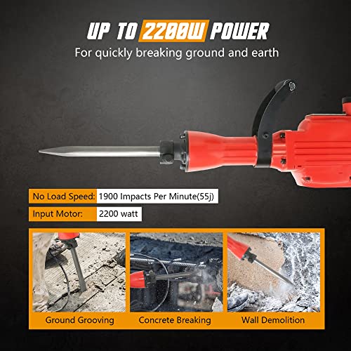 F2C 2200W Heavy Duty Electric Demolition Jack Hammer Concrete Breaker Power Tool Kit 2 Chisel 2 Punch Bit Set W/Case, Gloves F2C