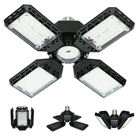 QiyuanLS LED Garage Light,150W Deformable LED Garage Ceiling Lights,15000LM Garage Lights with 4 Adjustable Panels, E26/E27 LED Shop Lights for QiyuanLS