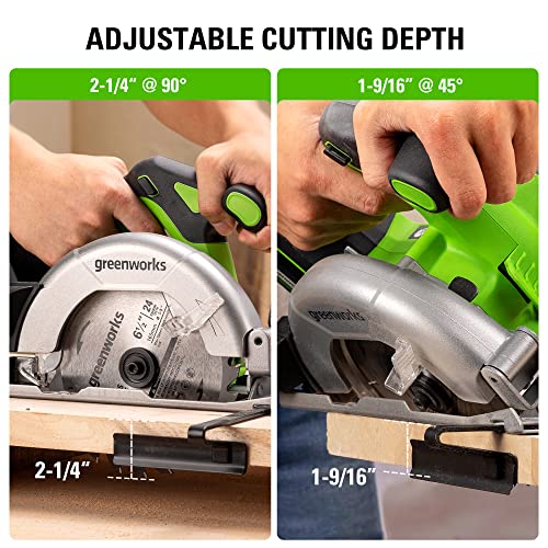 Greenworks 24V Brushless 6-1/2" Circular Saw, 4,800 RPM, Adjustable Cutting Depth 45°/90°, Tool Only