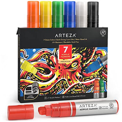 ARTEZA Acrylic Paint Markers, 7 Acrylic Paint Pens in Classic Colors, 3-in-1 Multi-Line Nibs, 5–15 mm Line, UV-Resistant, Art & Craft Supplies, Use