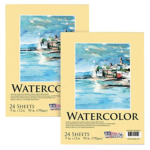 U.S. Art Supply 9" x 12" Premium Heavyweight Watercolor Painting Paper Pad, Pack of 2, 24 Sheets Each, 90 Pound (190gsm) - Cold Pressed, Acid-Free, US Art Supply