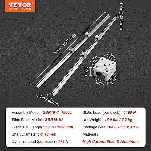 VEVOR Linear Guide Rail Set, SBR16 1500mm, 2 PCS 59 in/1500 mm SBR16 Guide Rails and 4 PCS SBR16UU Slide Blocks, Linear Rails and Bearings Kit for - WoodArtSupply