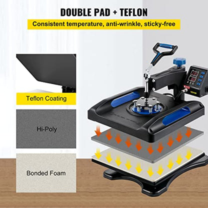 VEVOR Heat Press, 15x15inches Heat Press Machine 5 in 1, Swing Away Digital Control Multifunctional Heat Press, Anti-Scald Fast-Heating, Sublimation