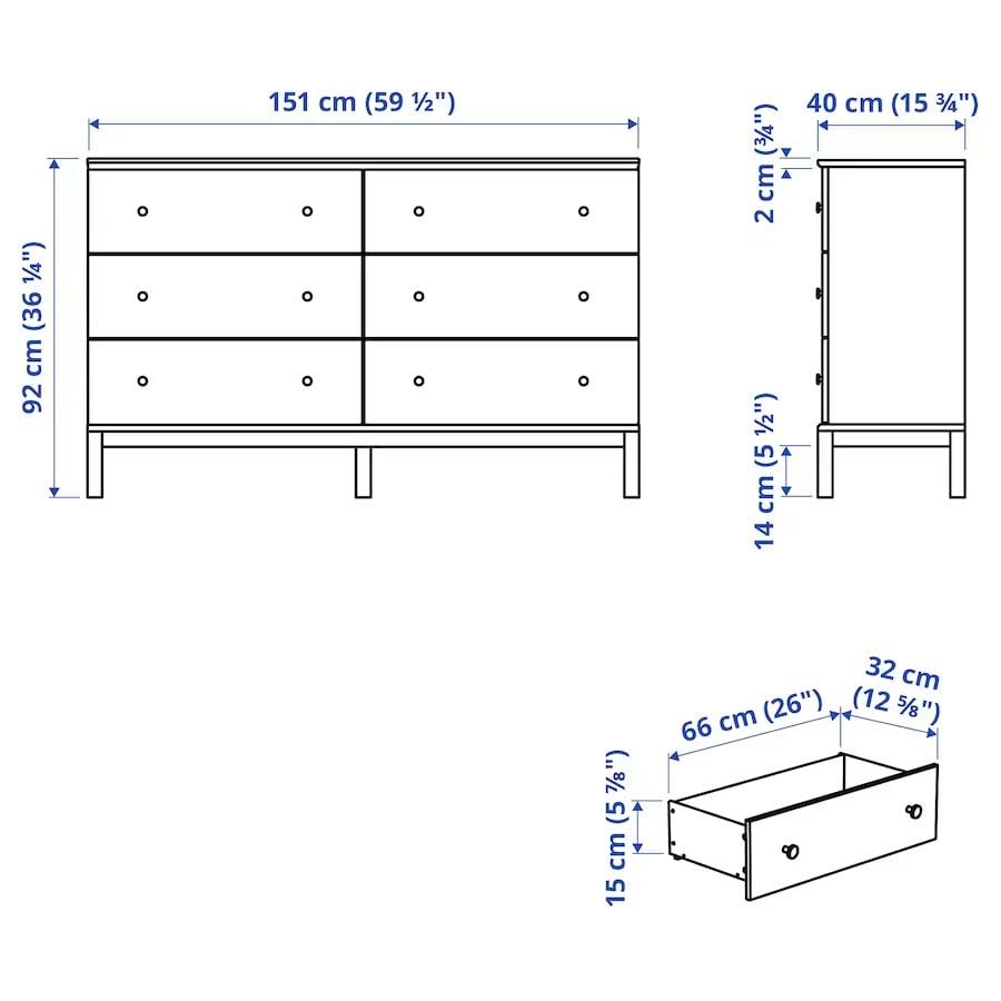 ATAADINE TARVA 6-Drawer Chest, Pine, 59 1/2x36 1/4" Natural Pine Wood Home Bedroom Dorm Furniture Unfinished