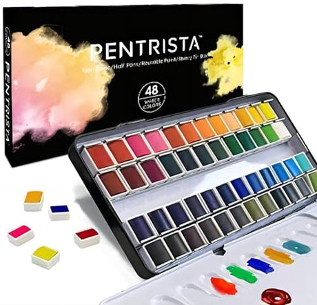 PENTRISTA Watercolor Paint set, 48 Colors Premium Solid Watercolor Half Pans in Tin Box, 1 refillable Water Brush Pen, Art Pigment Kit Perfect for PENTRISTA