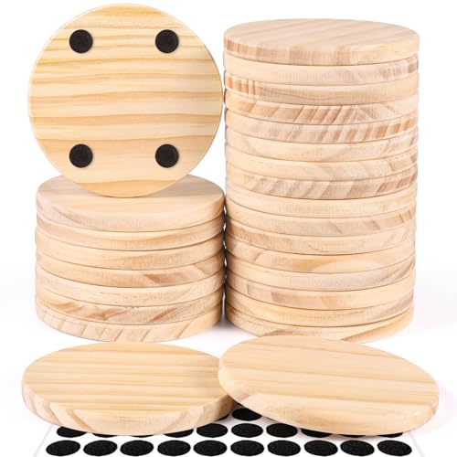 26 Pieces Unfinished Wood Coasters, 4 Inch Round Blank Wooden Coasters for Crafts with Non-Slip Silicon Dots for DIY Stained Painting Wood Engraving