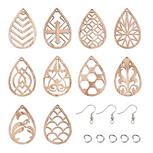 Craftdady 30 Pairs Unfinished Wood Earring Making Kit Hollow Filigree Blank Teardrop Wooden Cutouts Charms with Earring Hooks Jump Rings for DIY Craftdady