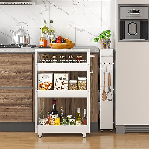 CHLORYARD Slim Storage Cart, 4-Tier Kitchen Rolling Cart Narrow Storage Cabinet with Handle & Wheels, Metal Rolling Shelf Unit for Kitchen Bathroom CHLORYARD