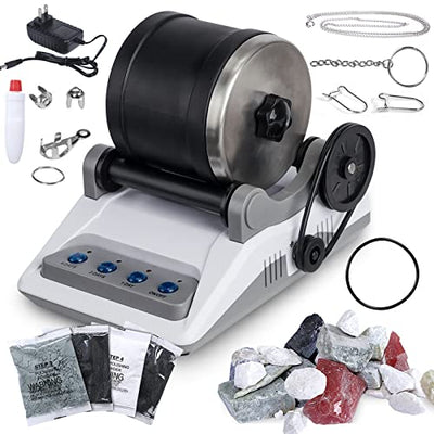 Rock Tumbler Kit, Professional Tumbling Stone Polisher with Button 7 Day Polishing Timer, Rock Polisher with Rough Gemstones, 4 Polishing Grits,