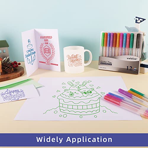 Welebar Glitter Gel Pen Set for Cricut Maker 3/Maker/Explore 3/Air 2/Air, 0.8 Tip Glitter Pen Set of 12 Pack Medium Point Pen, Writing, Drawing, Welebar