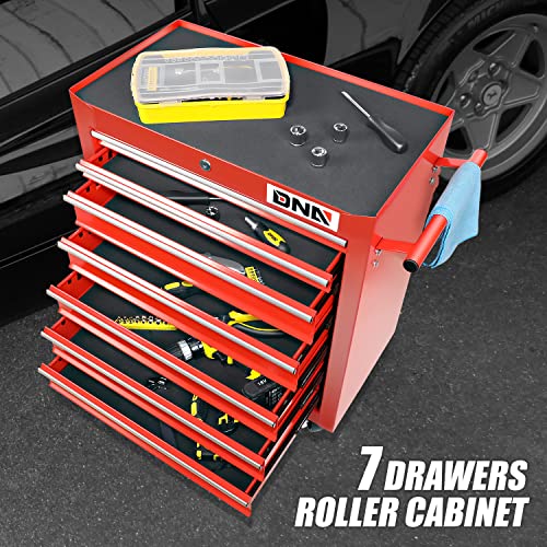 DNA MOTORING TOOLS-00264 7-Drawer Plastic Top Rolling Tool Cabinet with Keyed Locking System,27.55" L X 13" W X 30.31" H,Red - WoodArtSupply