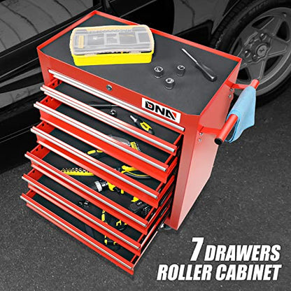 DNA MOTORING TOOLS-00264 7-Drawer Plastic Top Rolling Tool Cabinet with Keyed Locking System,27.55" L X 13" W X 30.31" H,Red - WoodArtSupply