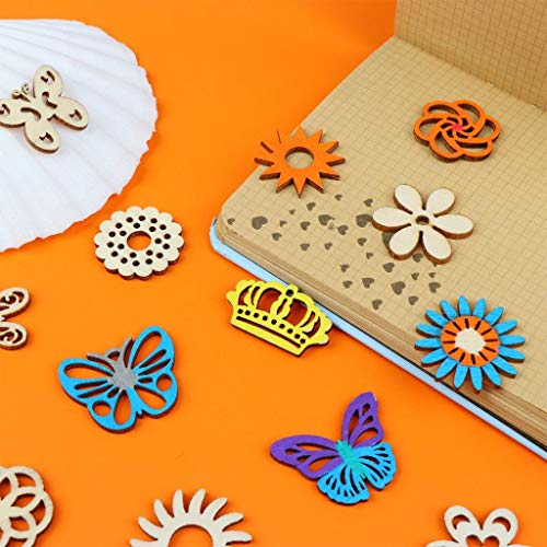 300Pcs Wooden Embellishments,Flower Butterfly Shape Wooden Cutouts Wooden Scrapbooking DIY Handmade Crafts Children Graffiti Home Decor Wooden Crown