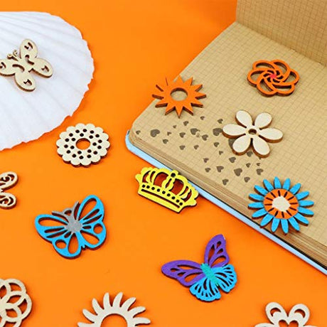 300Pcs Wooden Embellishments,Flower Butterfly Shape Wooden Cutouts Wooden Scrapbooking DIY Handmade Crafts Children Graffiti Home Decor Wooden Crown Haiabei