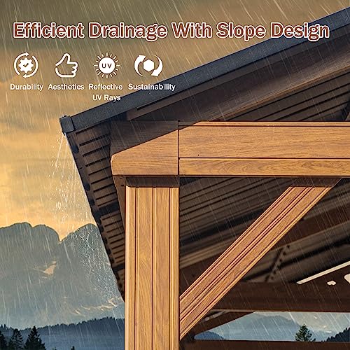 Domi 12x20FT Hardtop Gazebo, Galvanized Steel Gable Roof Gazebo Pergola with Wood Grain Aluminum Frame, Outdoor Permanent Gazebo Pavilion for Patio, - WoodArtSupply