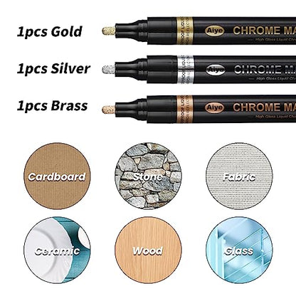 3 Pieces Mirror Chrome Marker Chrome Pen Gold Silver Copper Epoxy Resin Tools Chrome Paint for Any Surface Paint Pen Acrylic Markers for Coloring