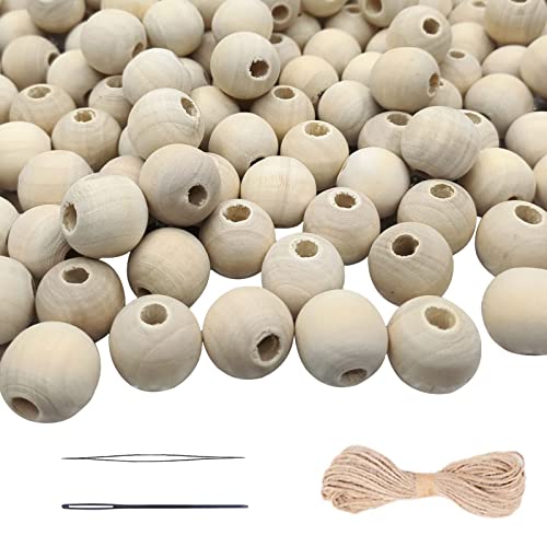150Pcs Unfinished Wood Beads Bulk with Large Holes for Crafts, 18mm Natural Round Wooden Beads with 10m Jute Rope Beads Needle for Garland Jewelry SMANTA