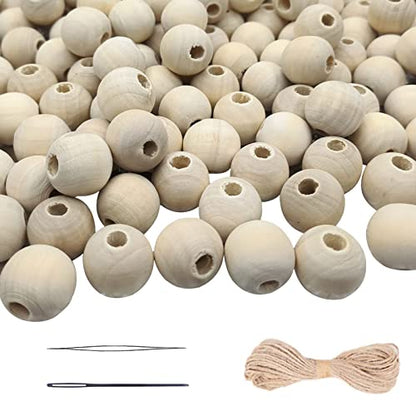 150Pcs Unfinished Wood Beads Bulk with Large Holes for Crafts, 18mm Natural Round Wooden Beads with 10m Jute Rope Beads Needle for Garland Jewelry - WoodArtSupply