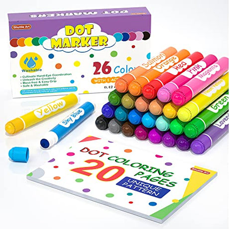 Shuttle Art Washable Dot Markers 26 Colors with Free Activity Book, Fun Art Supplies for Kids Toddlers and Preschoolers, Non Toxic Water-Based Paint Shuttle Art