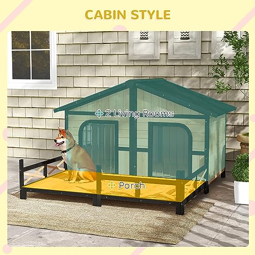 PawHut Wooden Large Dog House Outdoor Double XL Dog Kennel with Elevated Floor and Porch, Weatherproof Puppy Shelter for Small and Medium Breed Dogs,